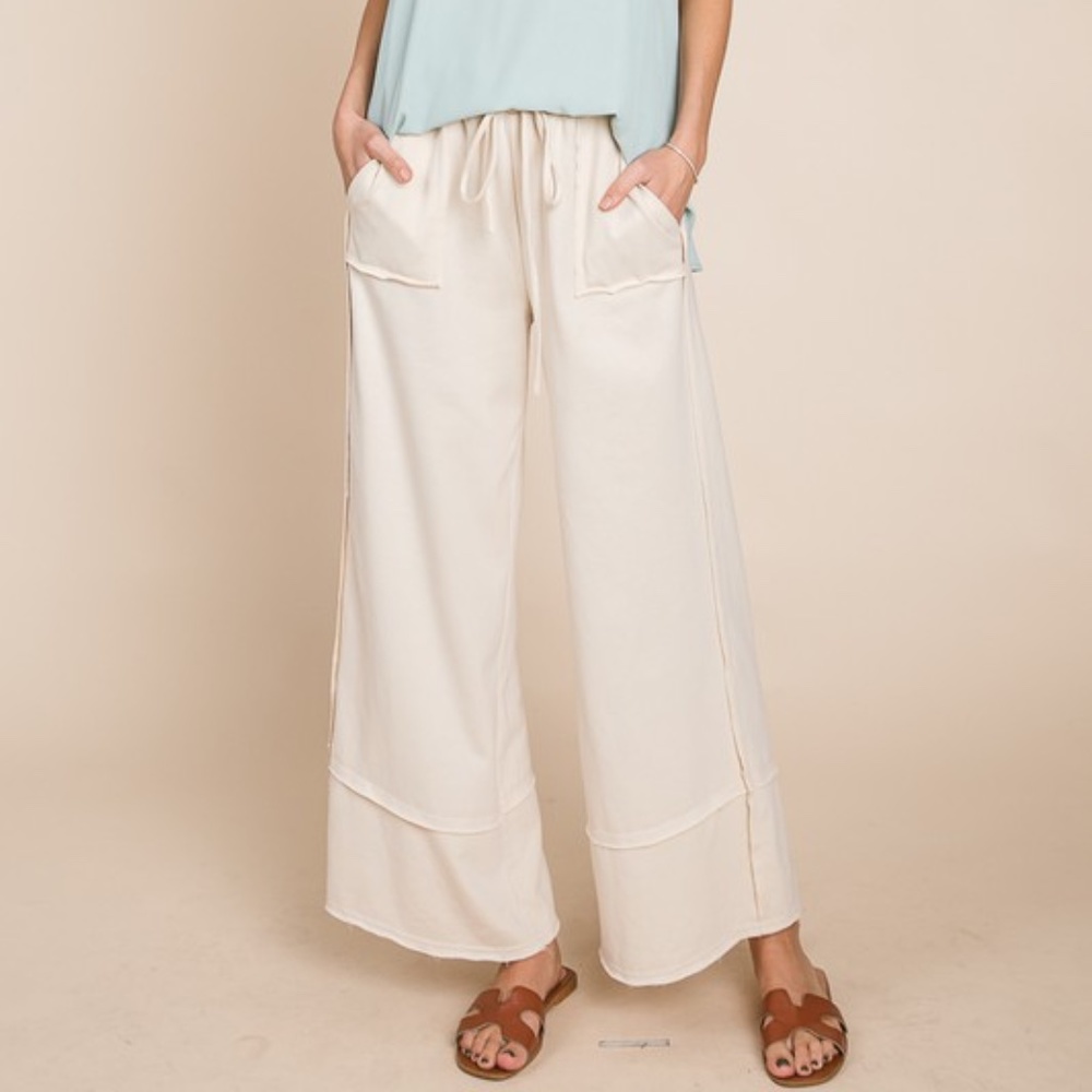 FRENCH TERRY WIDE LEG PANTS in CREAM with POCKETS + TIE WAIST size S - 3XL